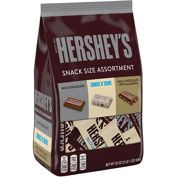 Hershey's Snack Size Milk Chocolate, Cookies 'n' Crème & Milk Chocolate Almonds Assorted Chocolate Candy Bar, 33 Oz. (HEC99510) 3 Hershey's Snack Size Milk Chocolate, Cookies 'n' Crème & Milk Chocolate Almonds Assorted Chocolate Candy Bar, 33 Oz. (HEC99510)