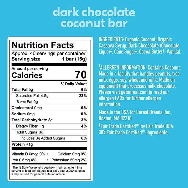 UNREAL Dark Chocolate Coconut Bar, 0.53 Oz., 40 Bars/Box (220-02087) 3 UNREAL Dark Chocolate Coconut Bar, 0.53 Oz., 40 Bars/Box (220-02087)